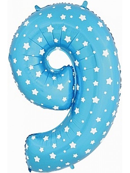Фольгированный шар с гелием "Цифра 9, Голубой со звездами" 102 см