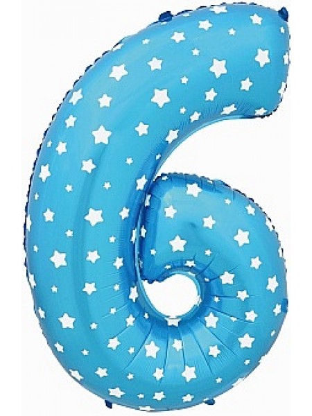 Фольгированный шар с гелием "Цифра 6, Голубой со звездами" 102 см