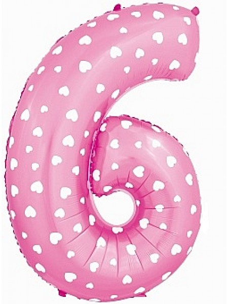 Фольгированный шар с гелием "Цифра 6, Розовый с сердечками" 102 см