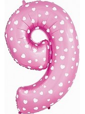 Фольгированный шар с гелием "Цифра 9, Розовый с сердечками" 102 см