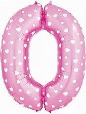 Фольгированный шар с гелием "Цифра 0, Розовый с сердечками" 102 см